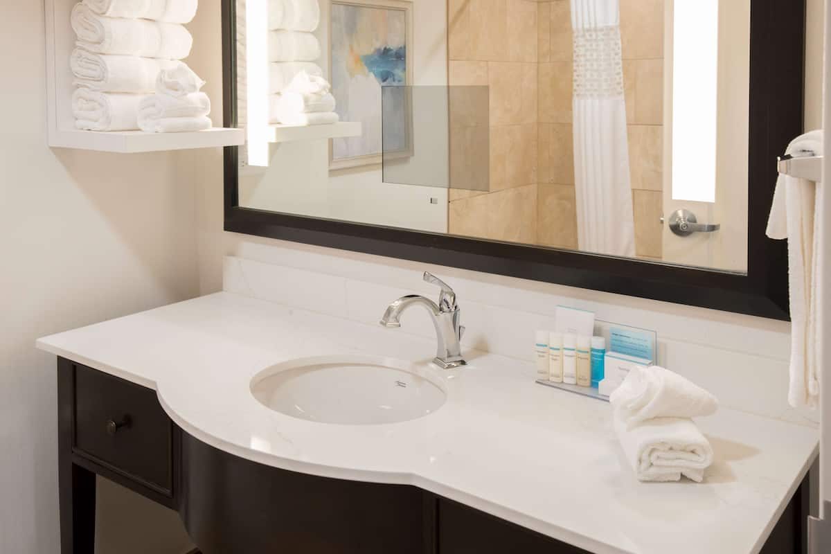 combined shower/bathtub, designer toiletries, hair dryer, towels