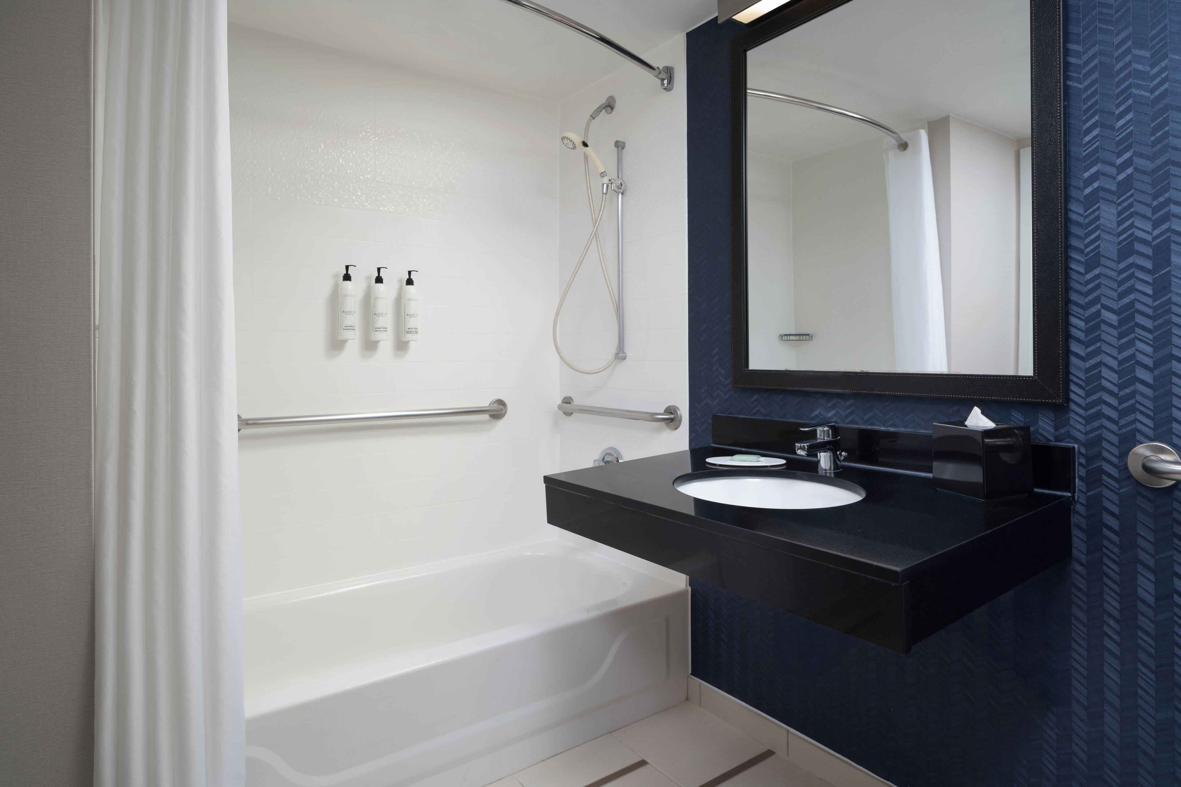 combined shower/bathtub, free toiletries, hair dryer, towels