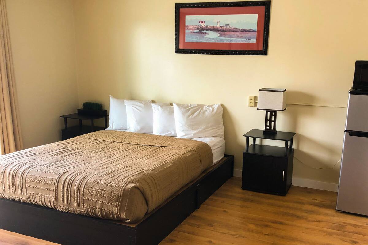 Une chambre d’hôtel avec un lit, une table de chevet, une lampe, un réfrigérateur et un tableau encadré au mur.