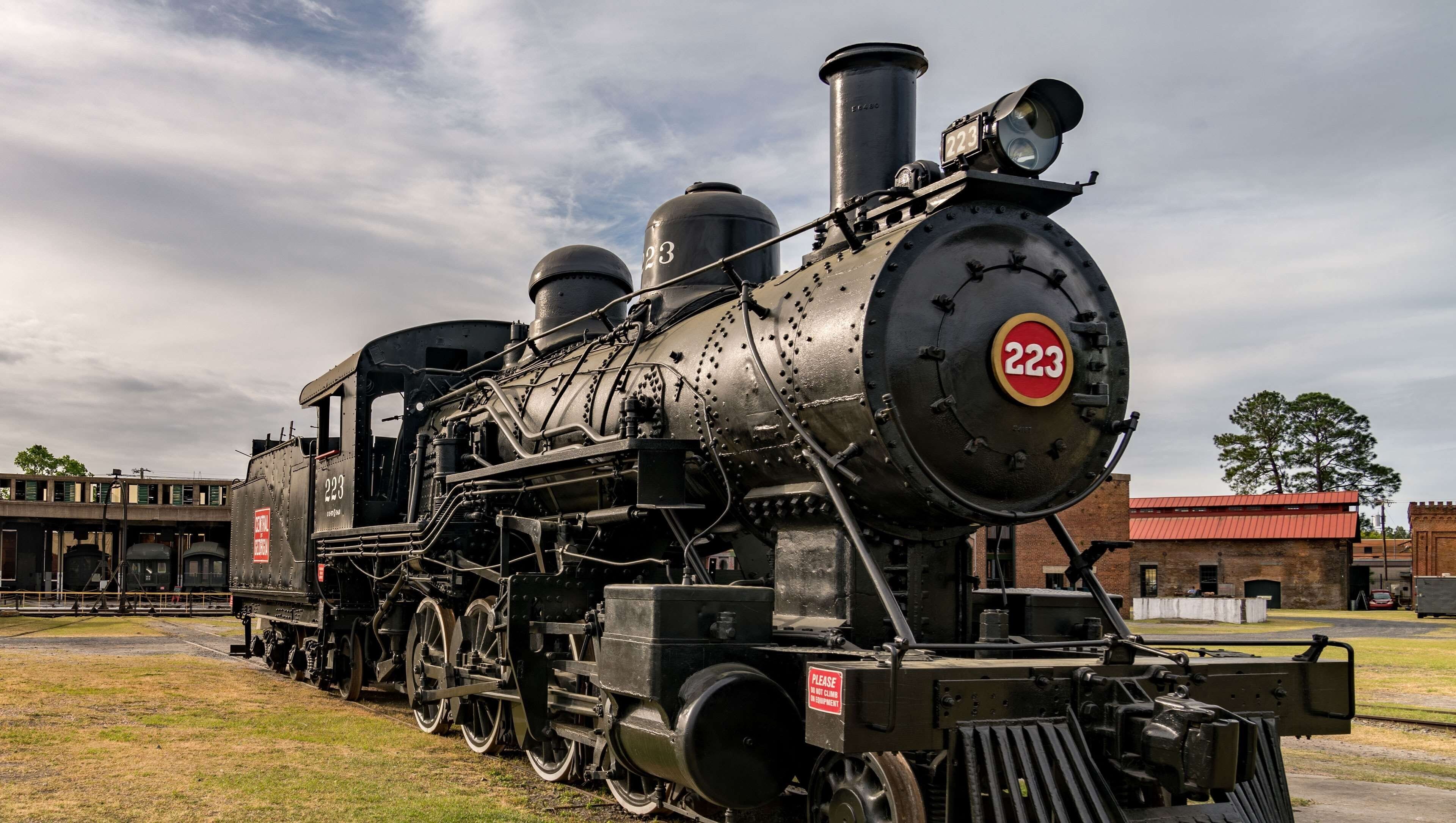 A historic steam locomotive numbered 223 at a railway museum.