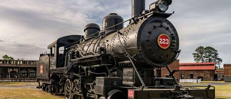 A historic steam locomotive numbered 223 at a railway museum.