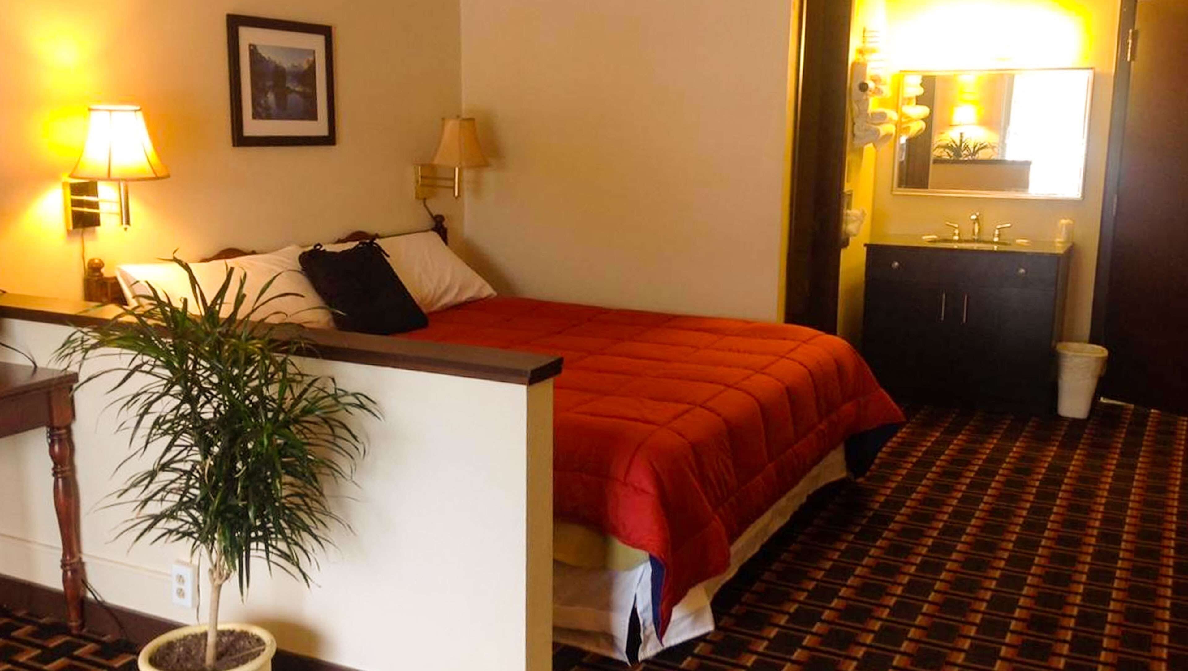 Ein Hotelzimmer mit einem Bett, Nachttischlampen, einer kleinen Pflanze, einem gerahmten Bild an der Wand und einem Badezimmer mit Spiegel und Waschbecken.