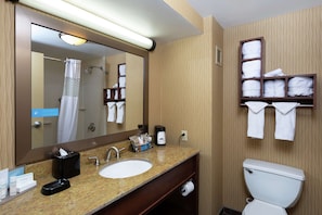 One King and One Sofa Bed | Bathroom | Combined shower/tub, hydromassage showerhead, hair dryer, towels
