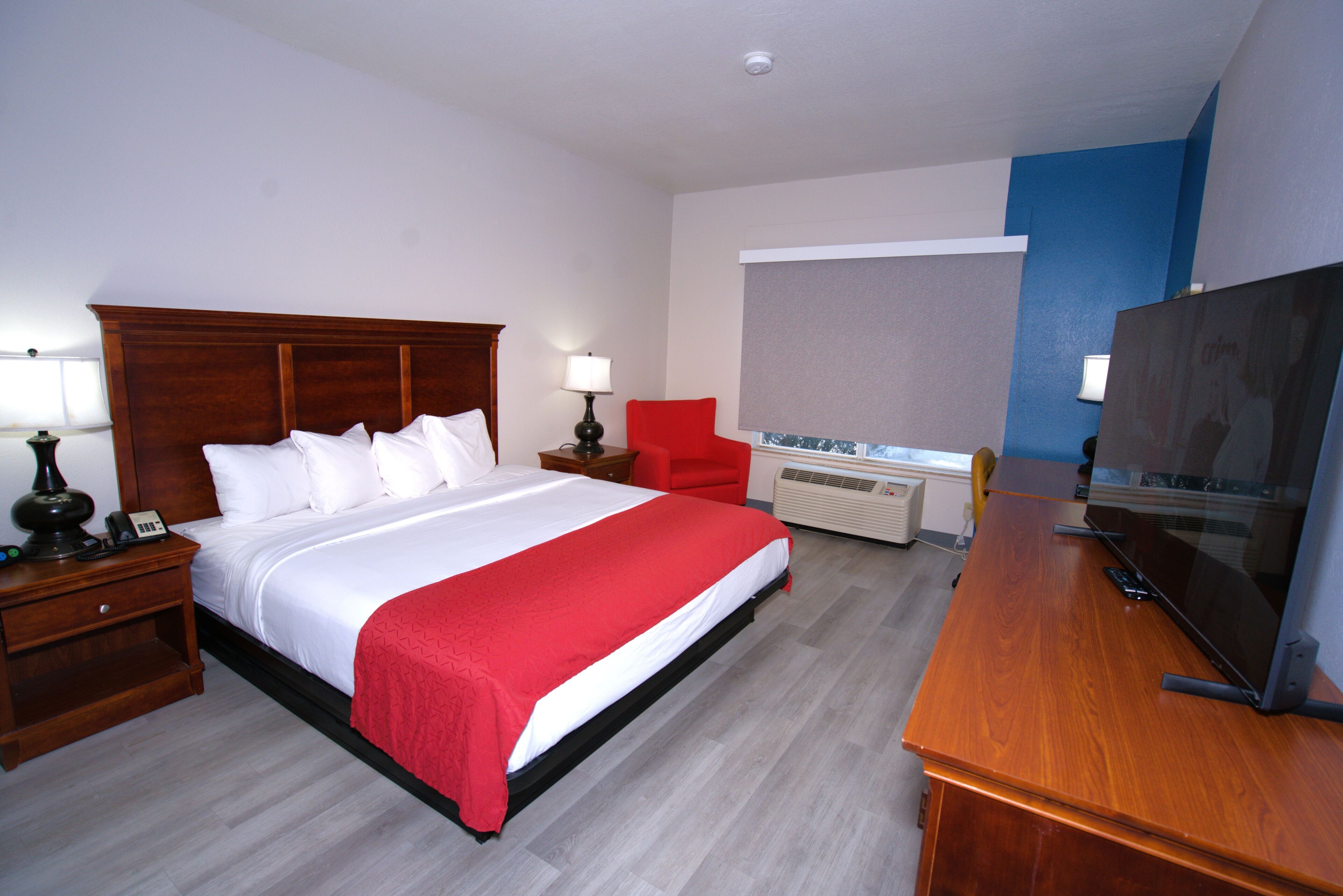 A hotel room with a bed, a desk, a TV, a chair, a lamp, and a heater.