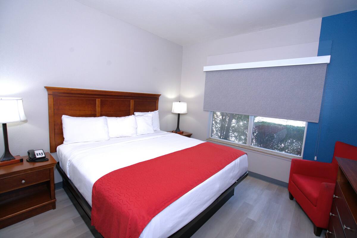 A hotel room with a large bed, bedside tables, a lamp, a window with a view, and a red chair.