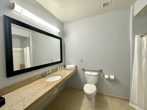 A bathroom with a sink, mirror, toilet, and towel rack. - Baymont Inn & Suites by Wyndham Morrow/Atlanta I-75 South (Morrow)