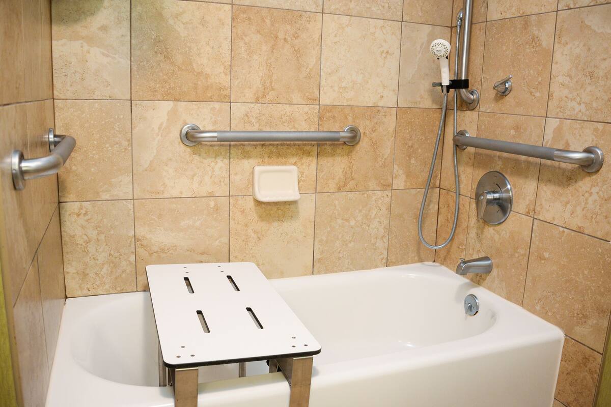 combined shower/bathtub, free toiletries, hair dryer, towels