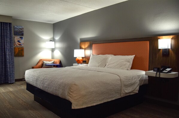 Desk, laptop workspace, blackout curtains, iron/ironing board