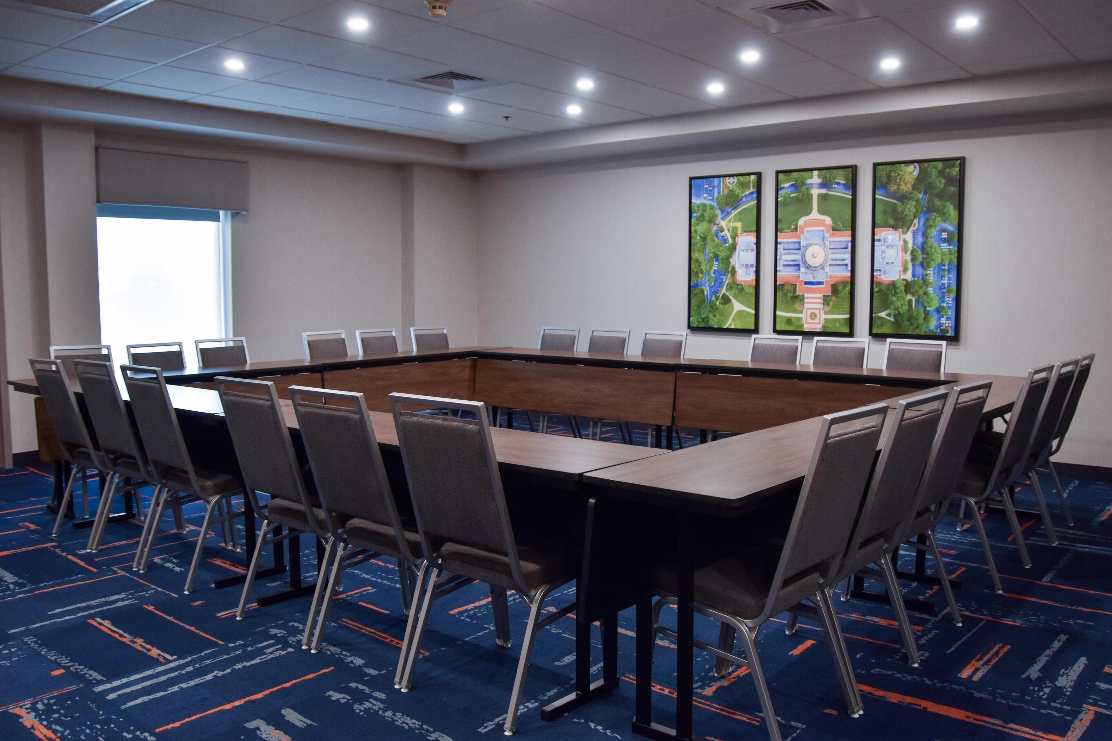 desk, laptop workspace, blackout curtains, iron/ironing board