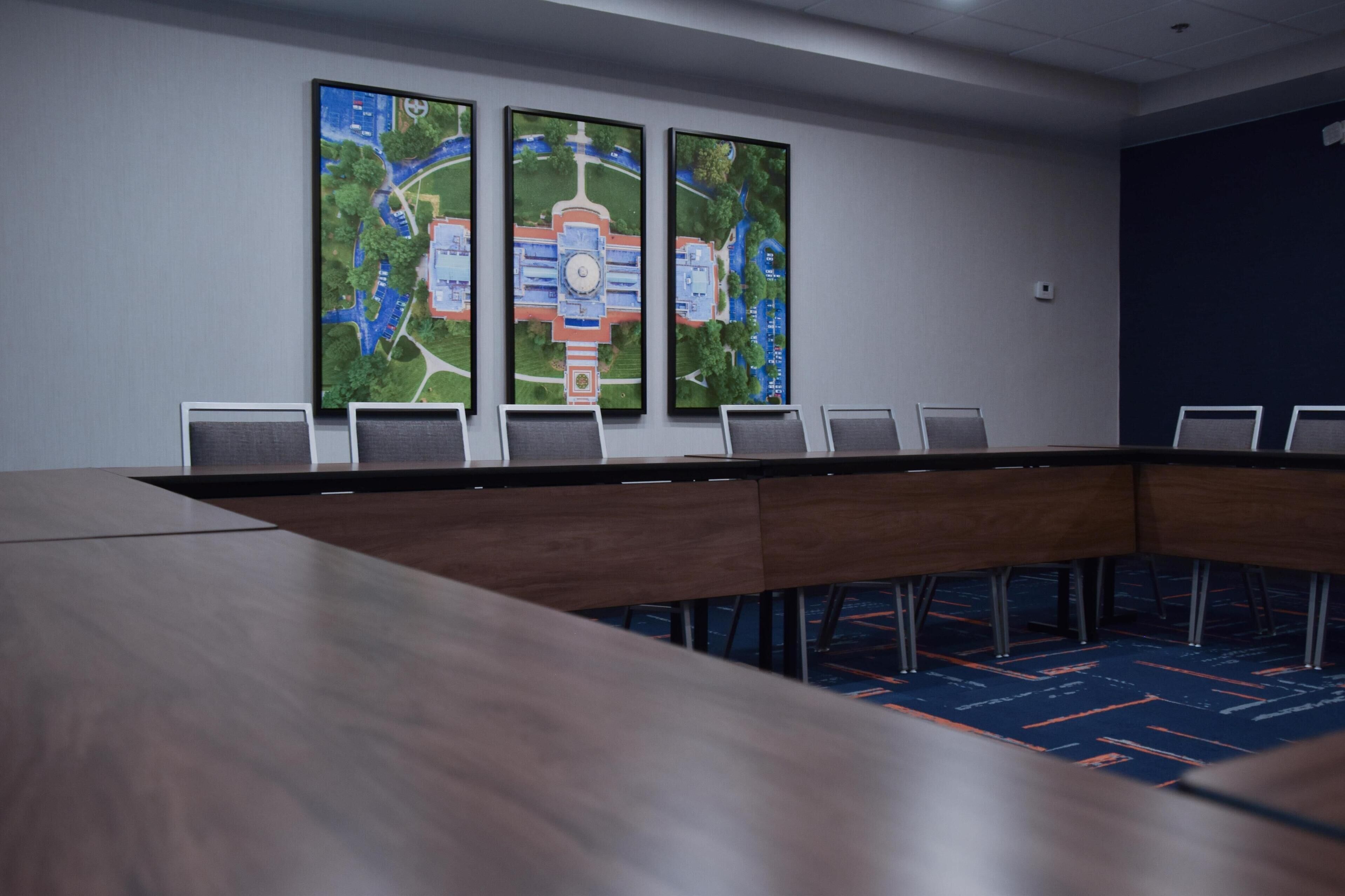 desk, laptop workspace, blackout curtains, iron/ironing board