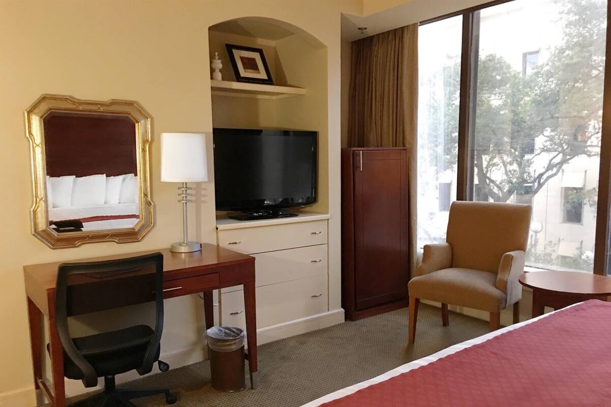 A hotel room with a bed, a desk with a chair, a television, a mirror, a wardrobe, and a window with a view of trees.