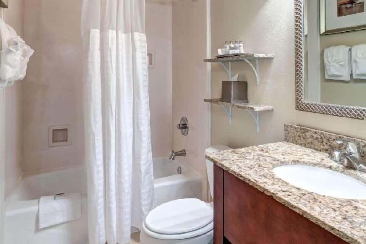 Bathroom | Combined shower/bathtub, designer toiletries, hair dryer, towels