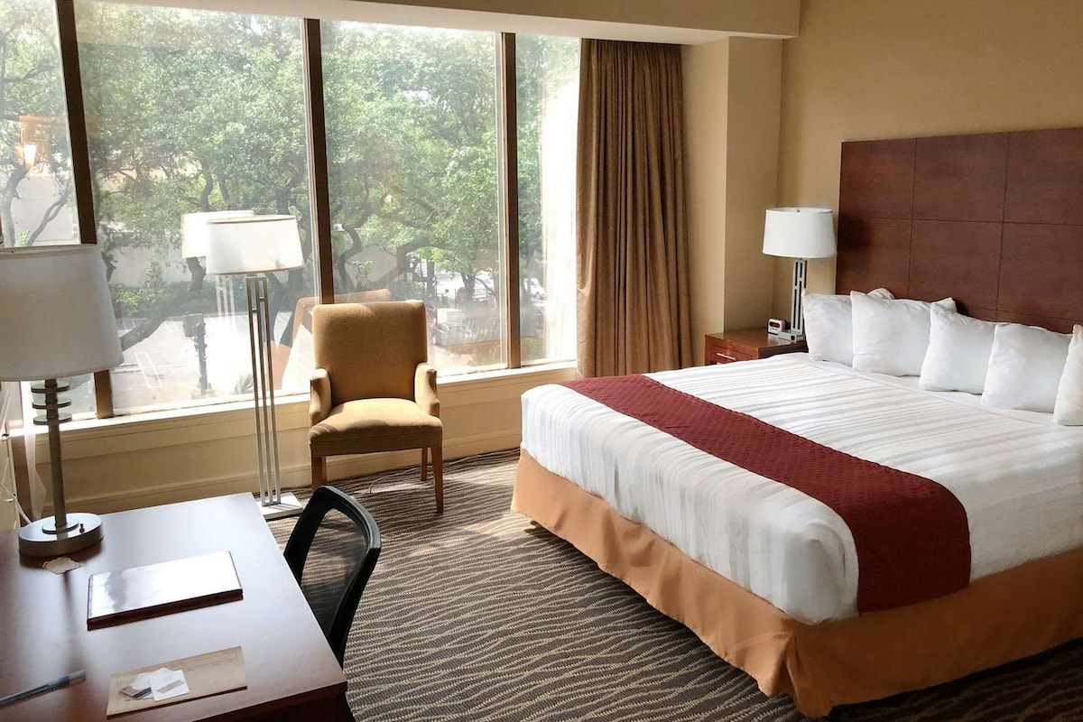 A hotel room with a large bed, a desk, a chair, a window with curtains, and a view of trees outside.