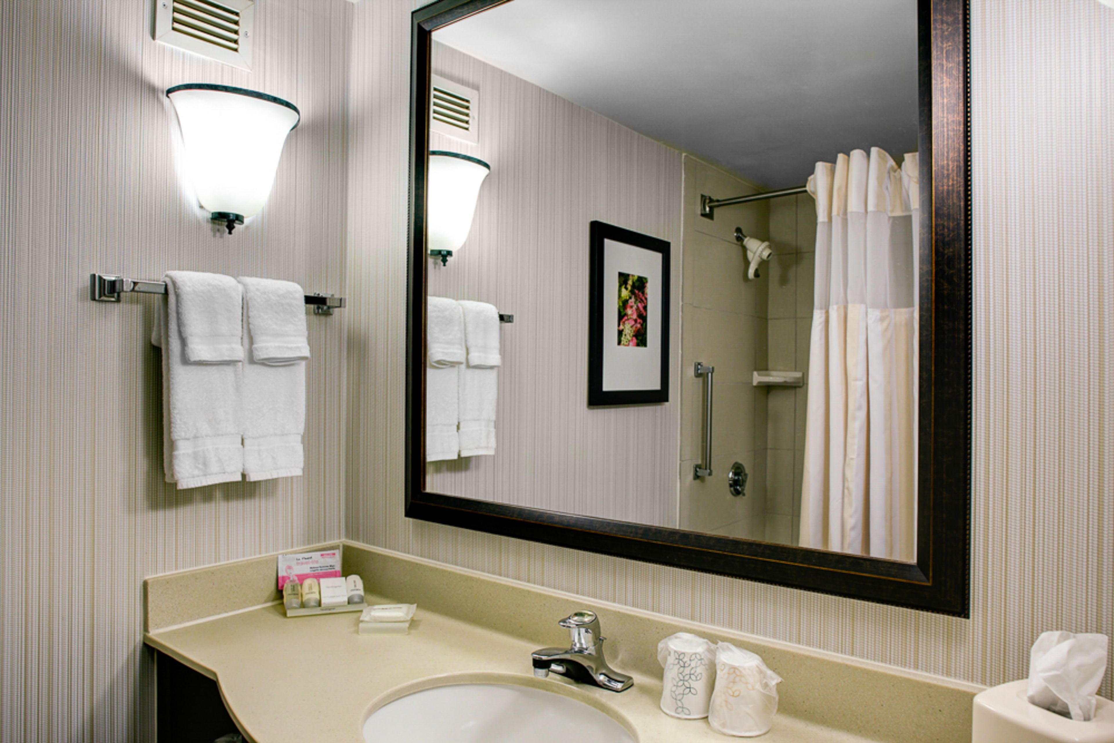 combined shower/bathtub, designer toiletries, hair dryer, towels