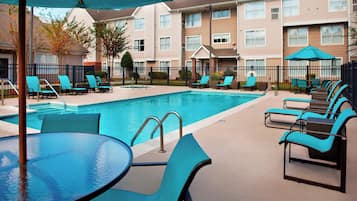 Outdoor pool, pool umbrellas, pool loungers