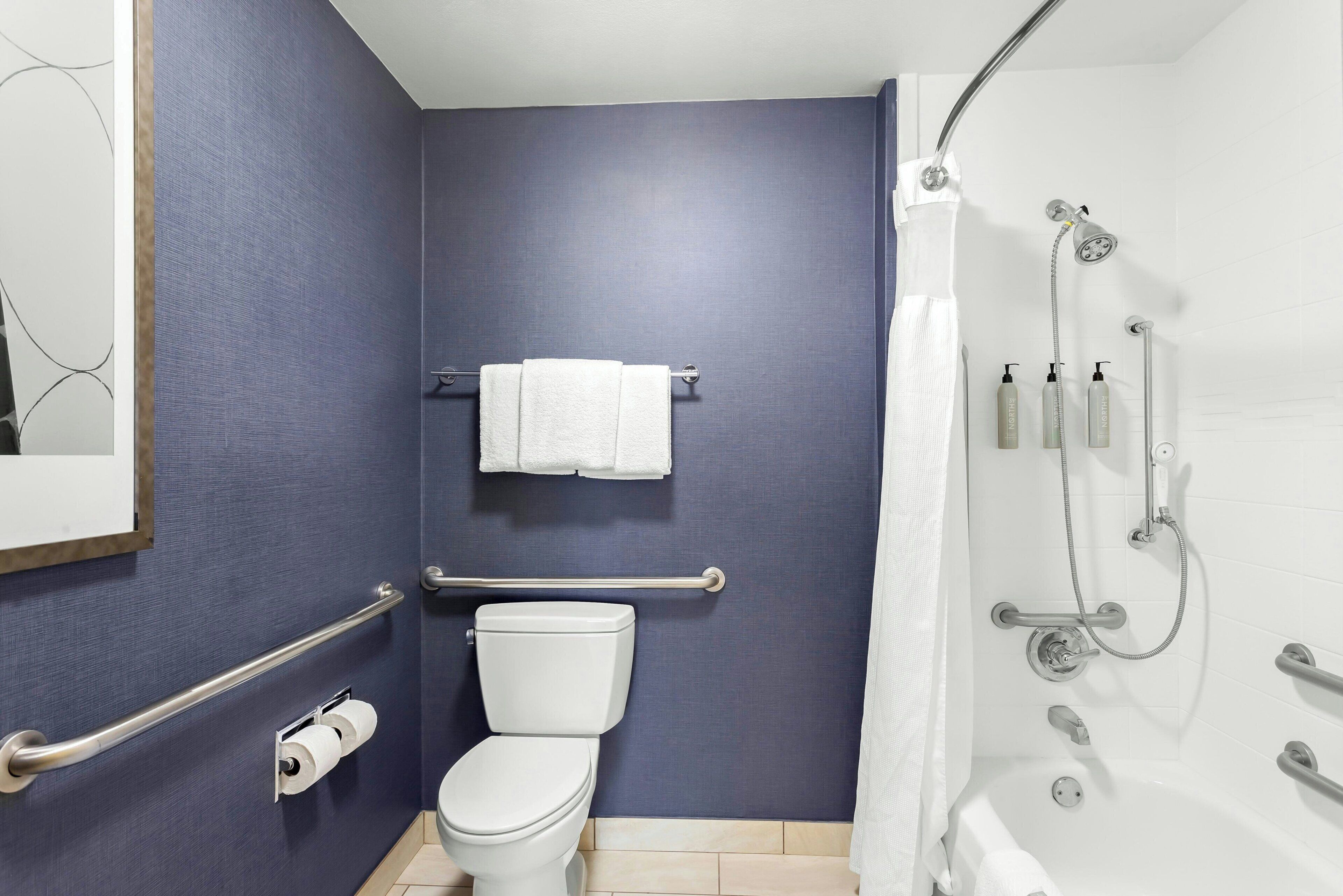 A bathroom with a white toilet, a towel rack, a shower with a handheld showerhead, and grab bars.