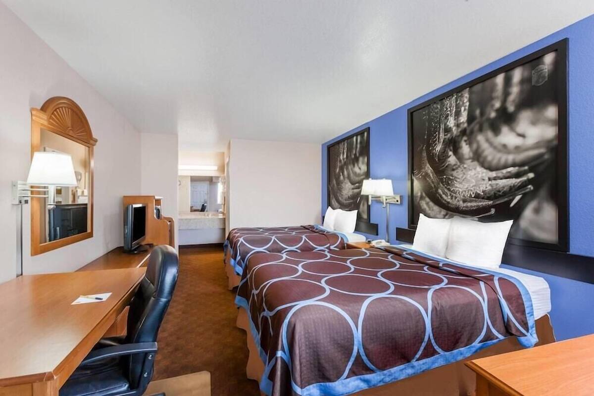 A hotel room with a bed, desk, chair, and two paintings on the wall.