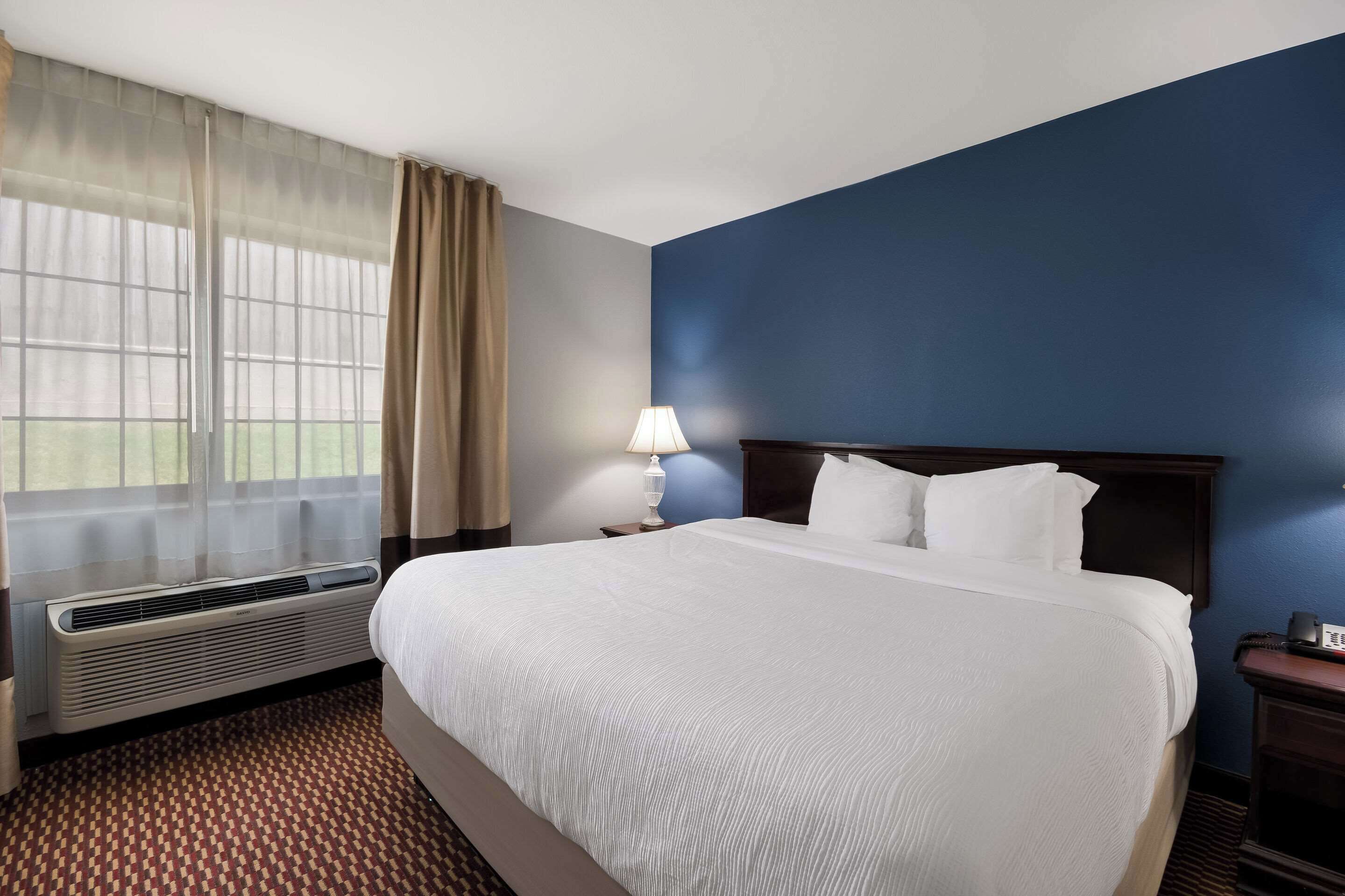 A hotel room with a large bed, a bedside table with a lamp, a window with curtains, and a wall heater.