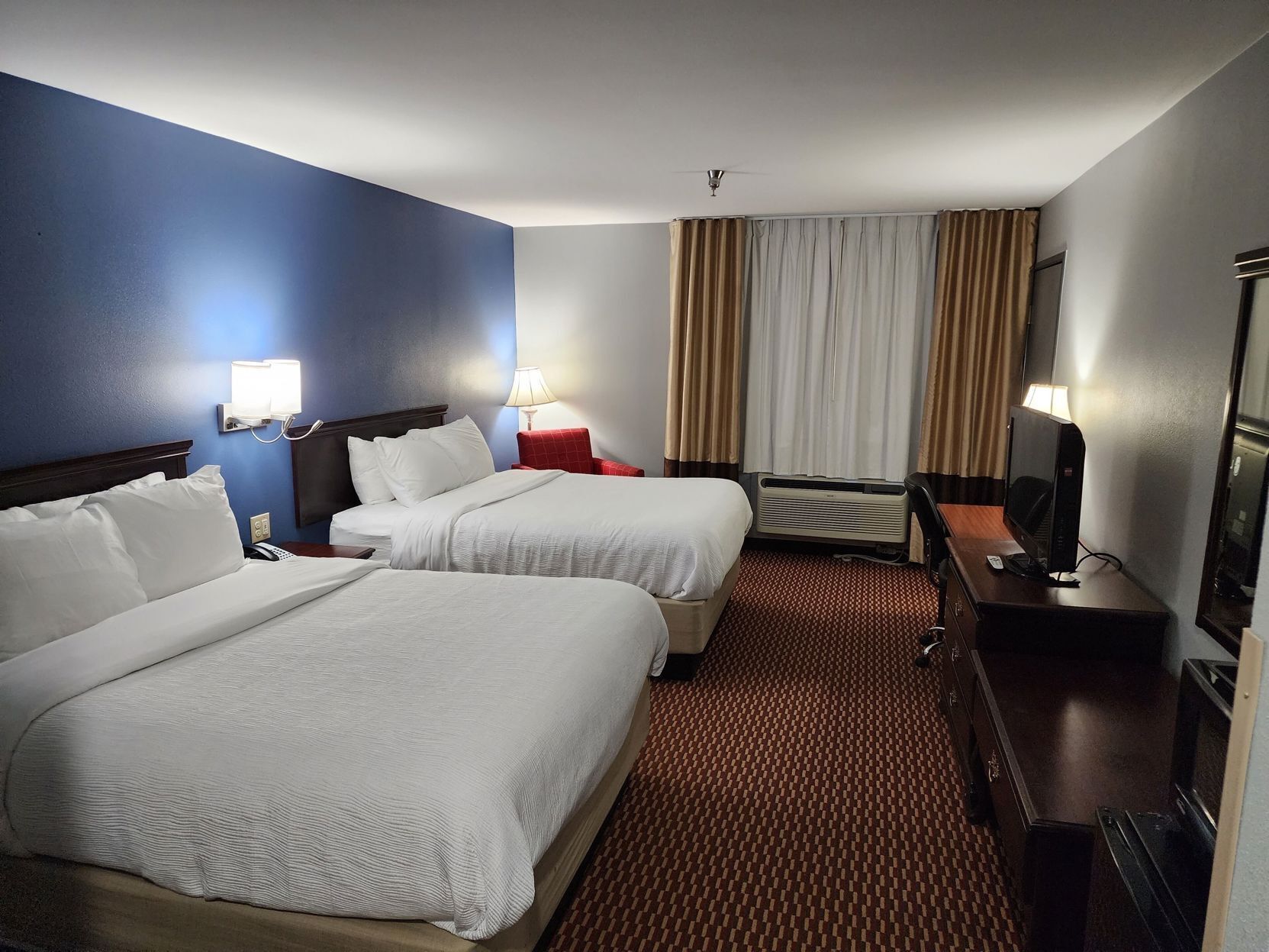 Pillowtop beds, desk, laptop workspace, iron/ironing board