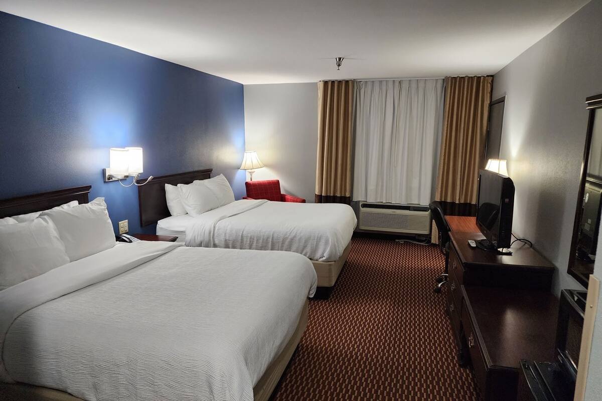 Pillowtop beds, desk, laptop workspace, iron/ironing board