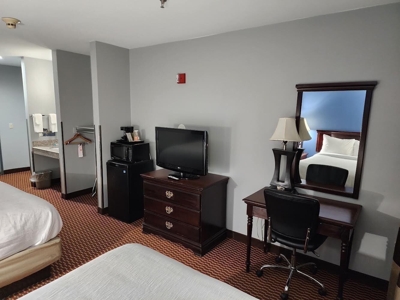 Pillowtop beds, desk, laptop workspace, iron/ironing board