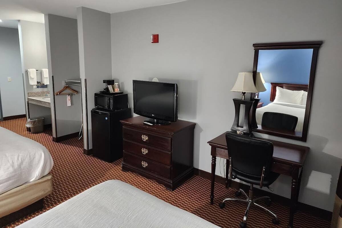 Pillowtop beds, desk, laptop workspace, iron/ironing board