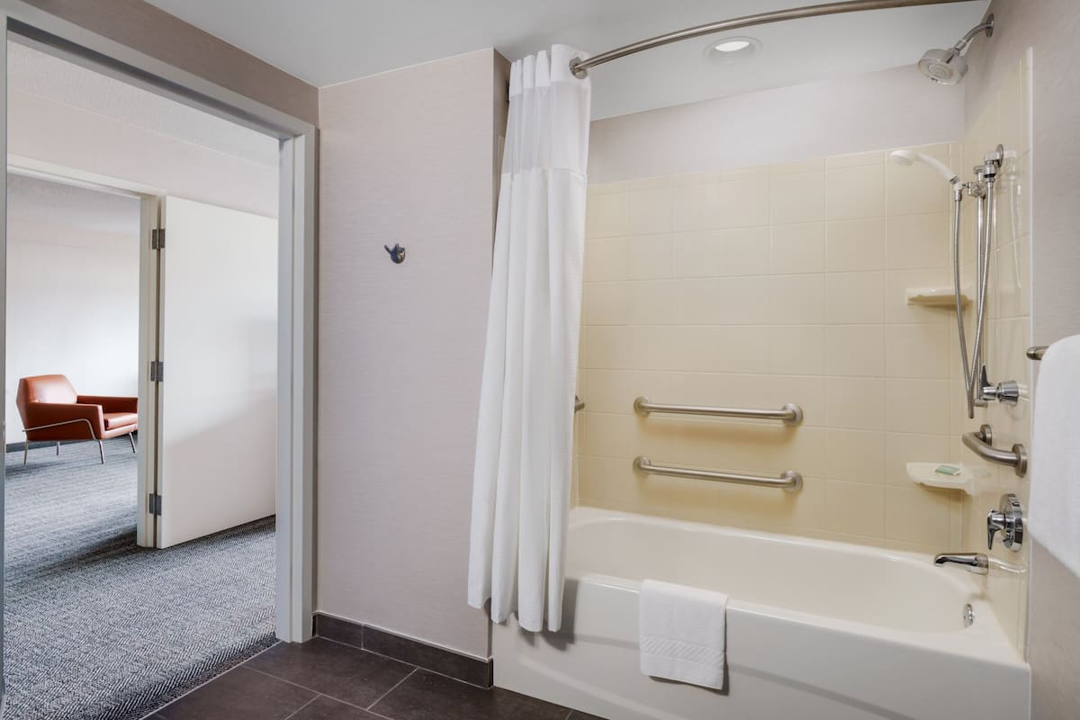 combined shower/bathtub, hair dryer, towels