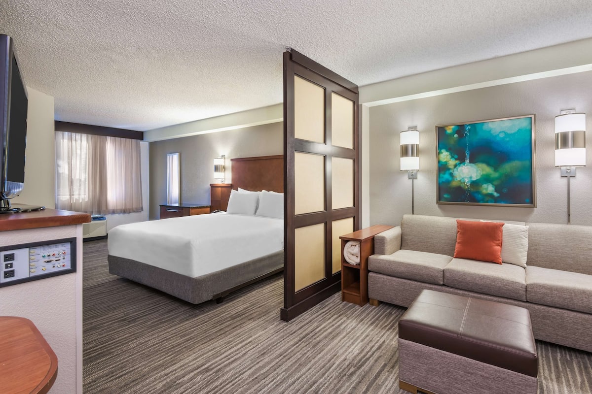 Une chambre d’hôtel avec un grand lit, un canapé, une petite table et un bureau.