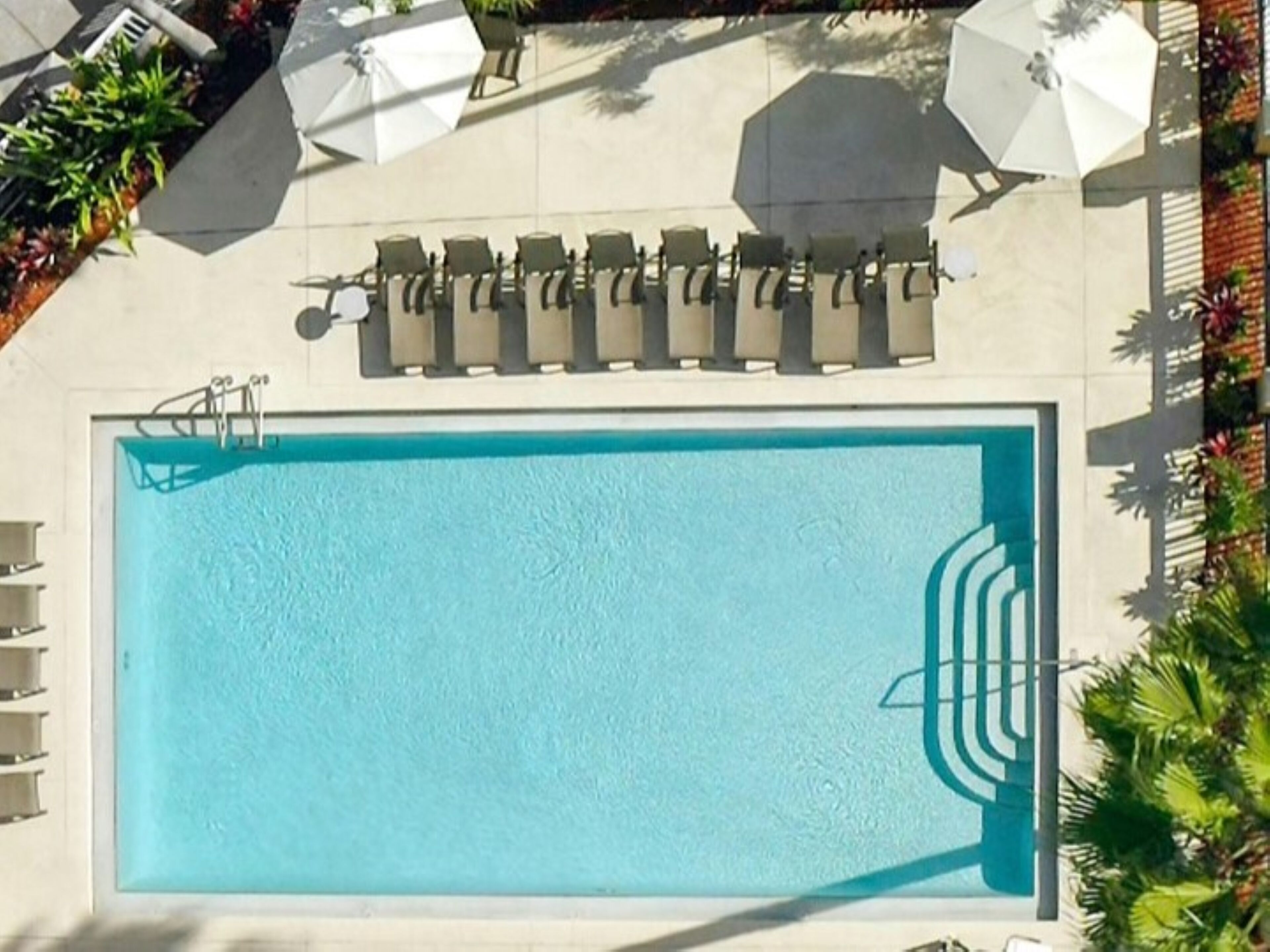 A swimming pool with a diving board and lounge chairs.