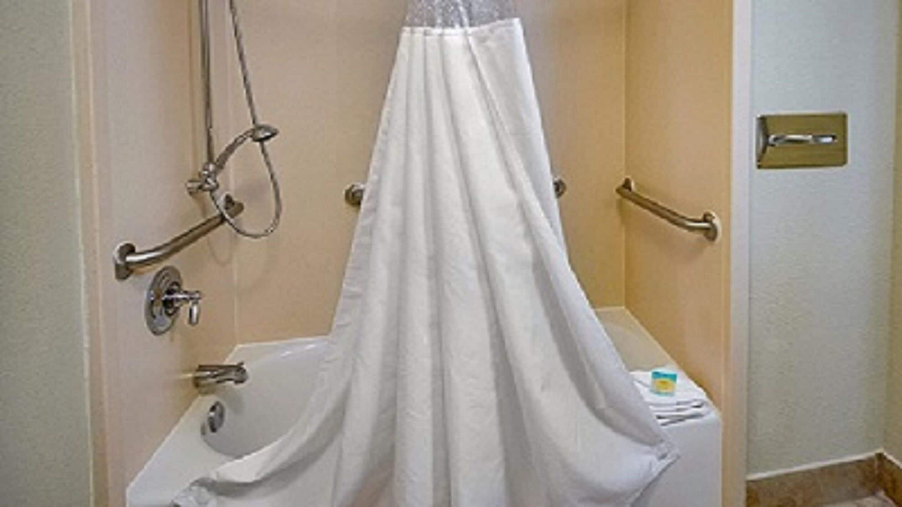 A bathroom with a bathtub, a shower with a handheld showerhead, and a towel rack.
