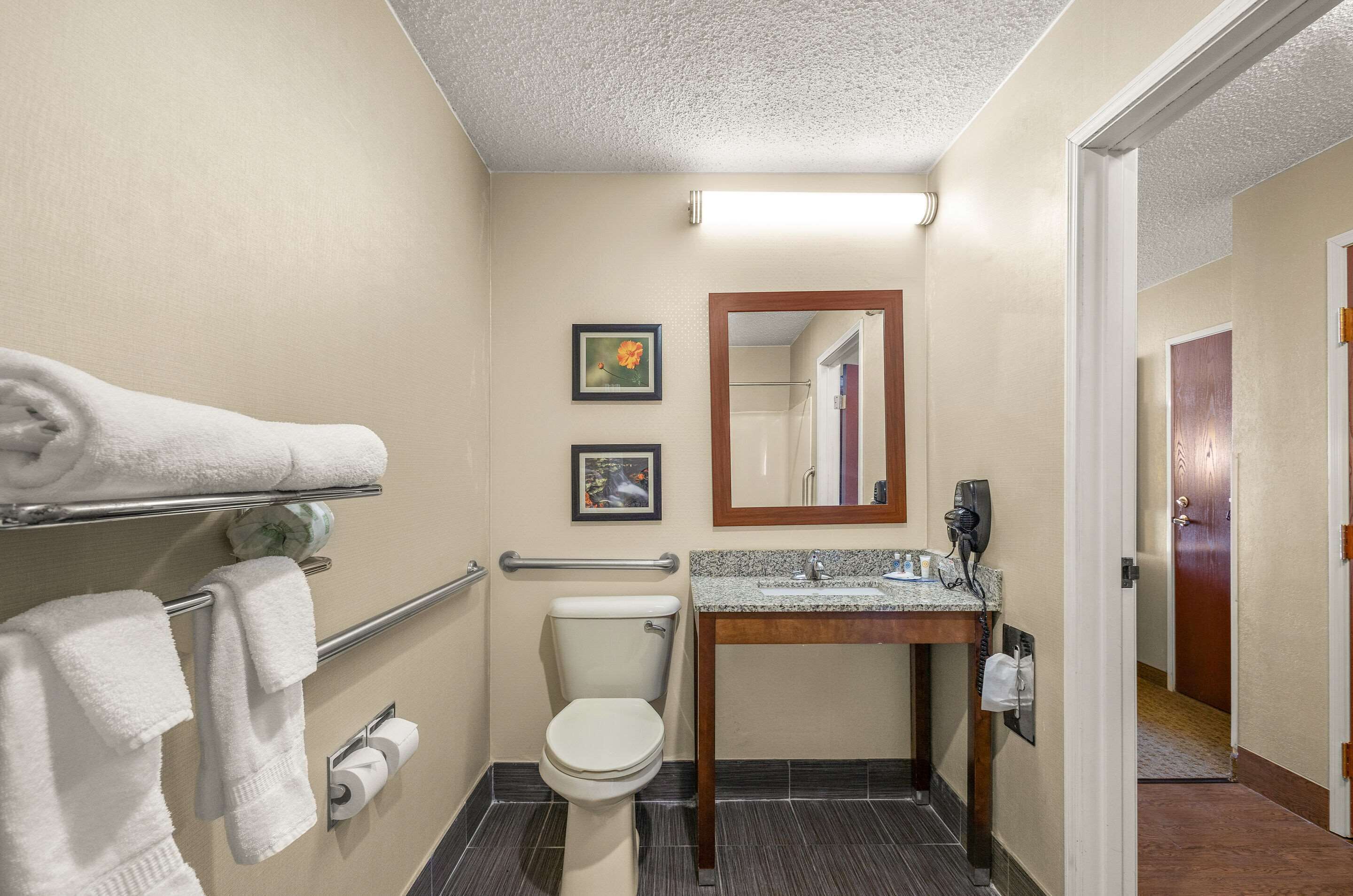 Un baño de hotel con inodoro, lavabo, toallero y espejo.