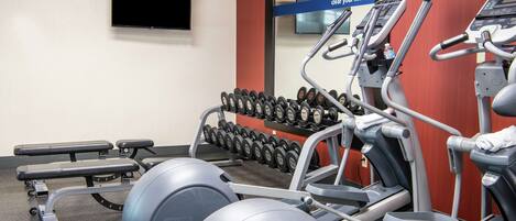 A gym with treadmills, dumbbells, and a bench.