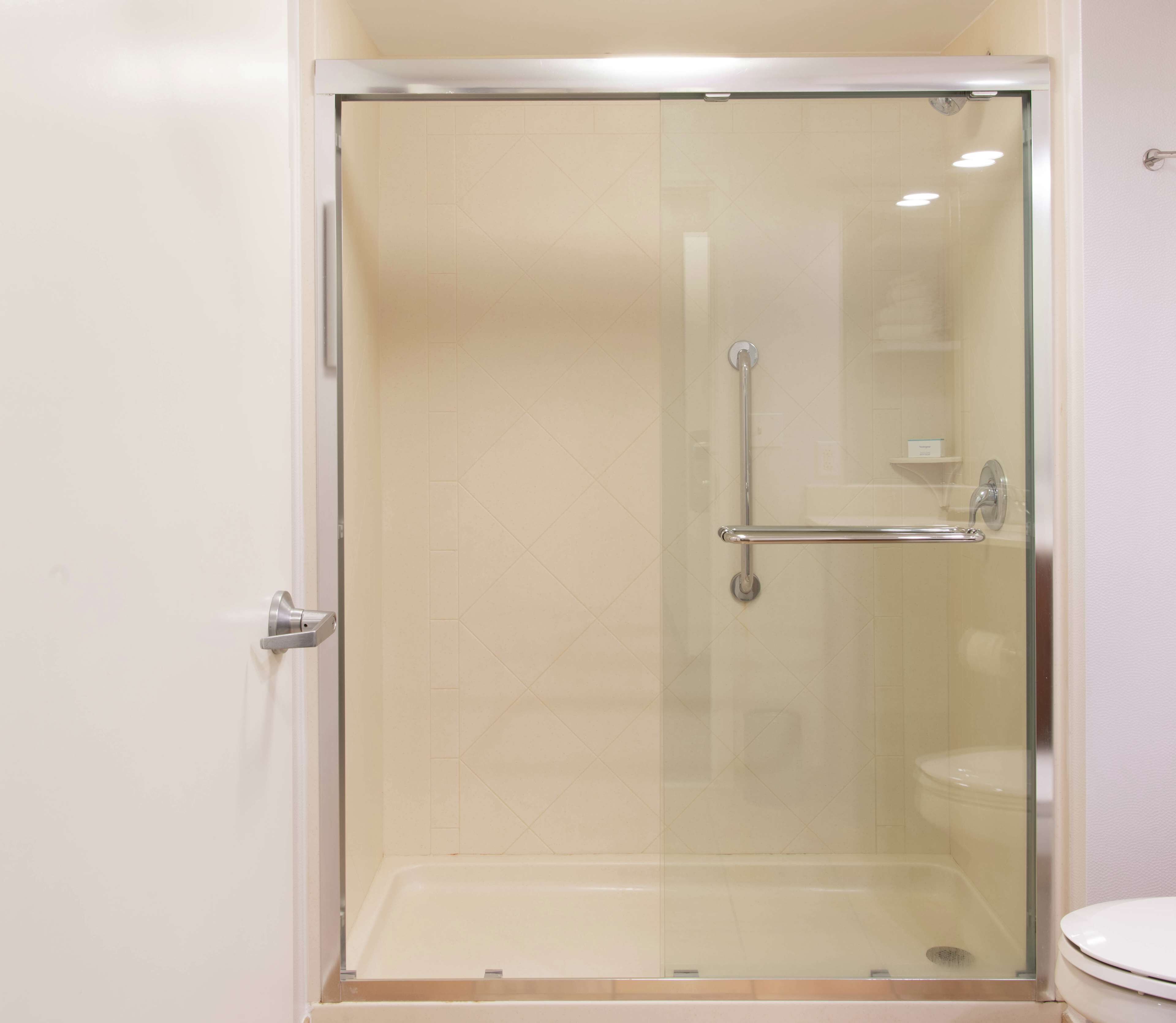 A glass-enclosed shower stall with a handrail and a toilet visible to the right.