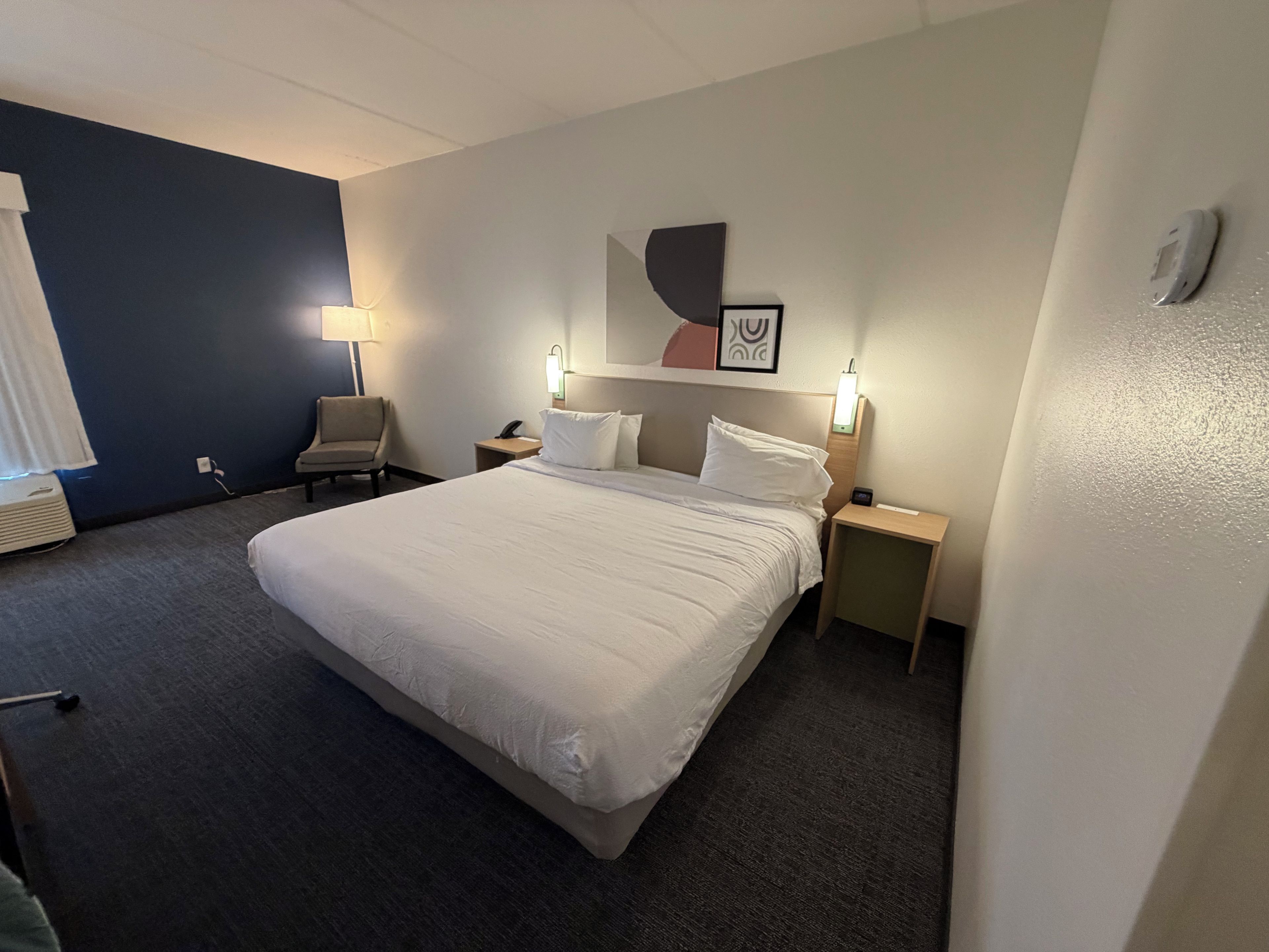 Habitación de hotel con una cama grande, dos mesitas de noche, una silla, una obra de arte en la pared y una lámpara.