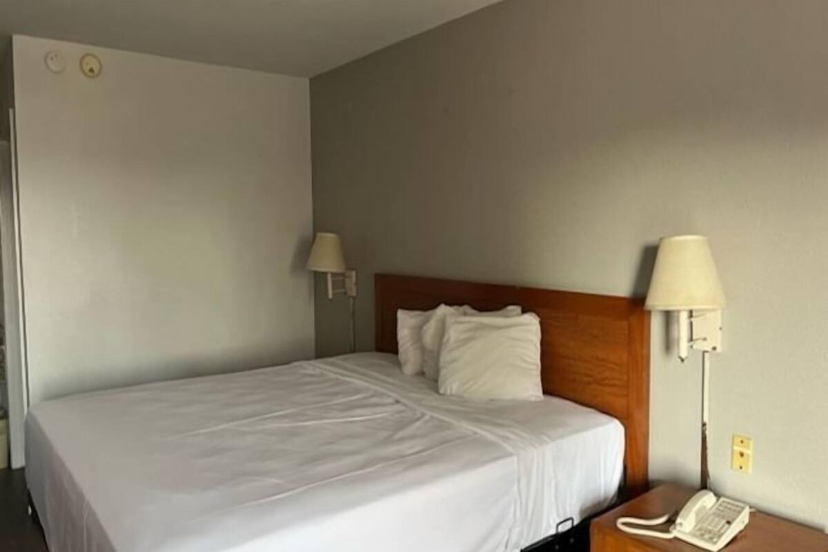 Habitación de hotel con una cama individual, una lámpara de noche, un teléfono y una lámpara de pared.