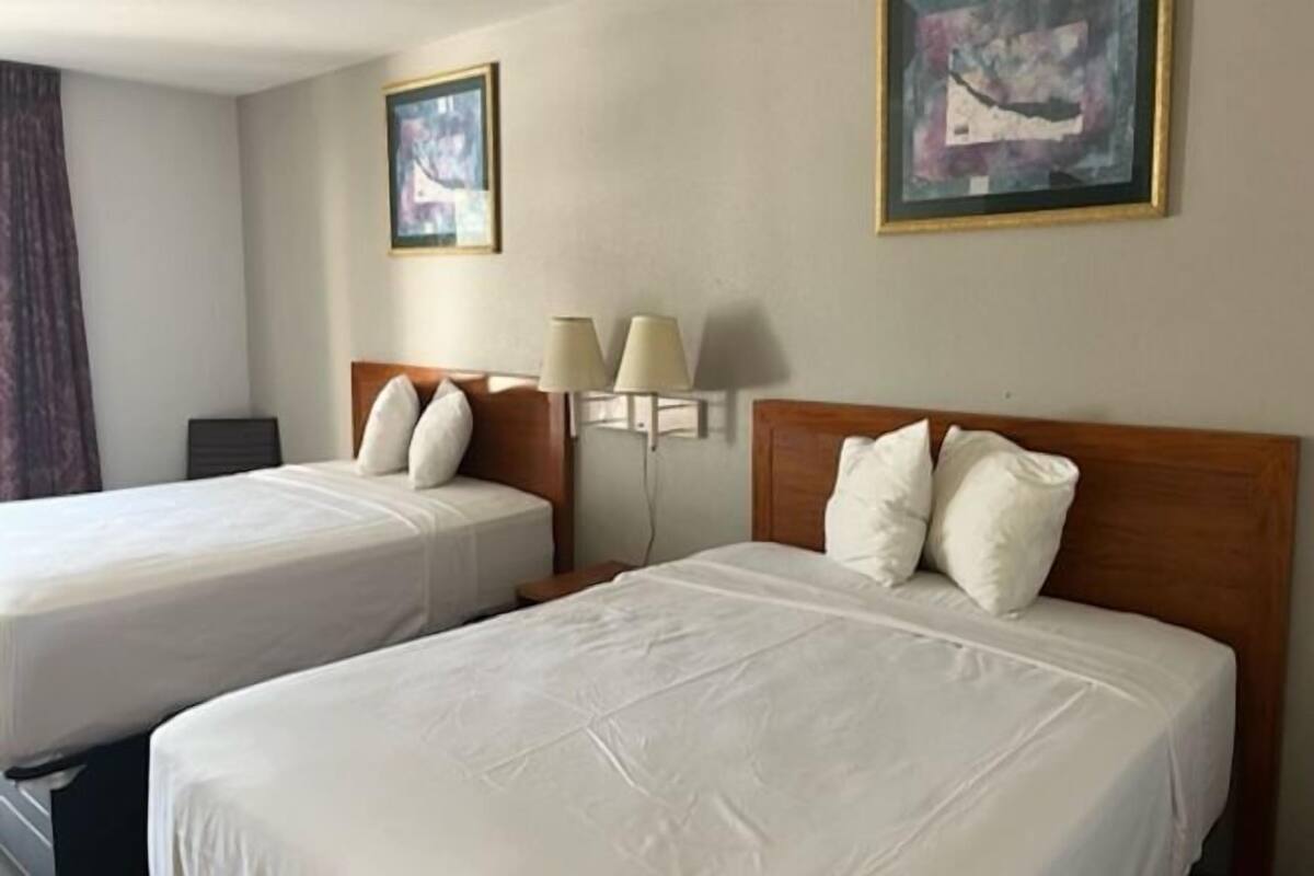 Habitación de hotel con dos camas, una mesita de noche, una lámpara y dos cuadros en la pared.