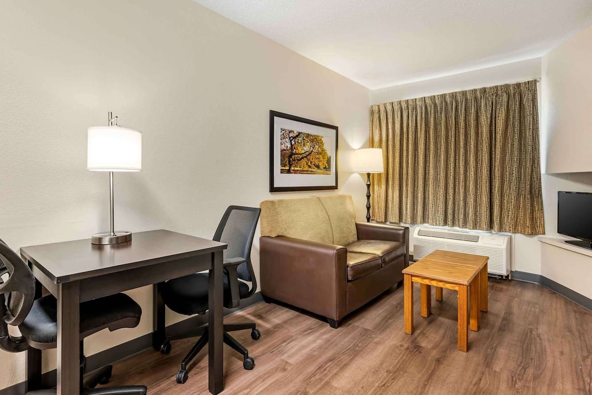 Pillowtop beds, desk, laptop workspace, iron/ironing board