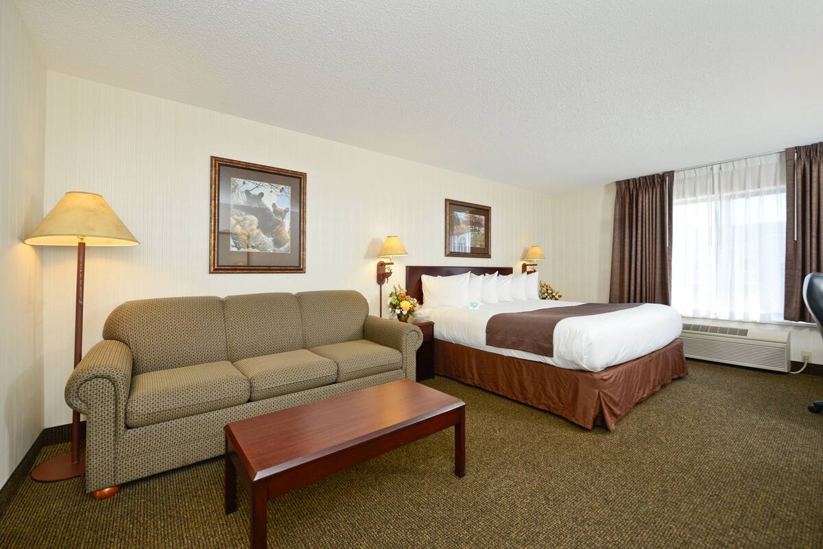 Une chambre d’hôtel comprenant un lit, un canapé, une table basse et deux lampes fixées au mur.