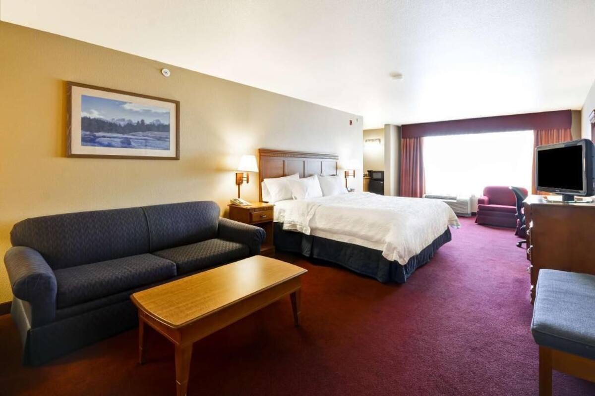 A hotel room with a bed, a sofa, a TV, a desk, and a picture on the wall.
