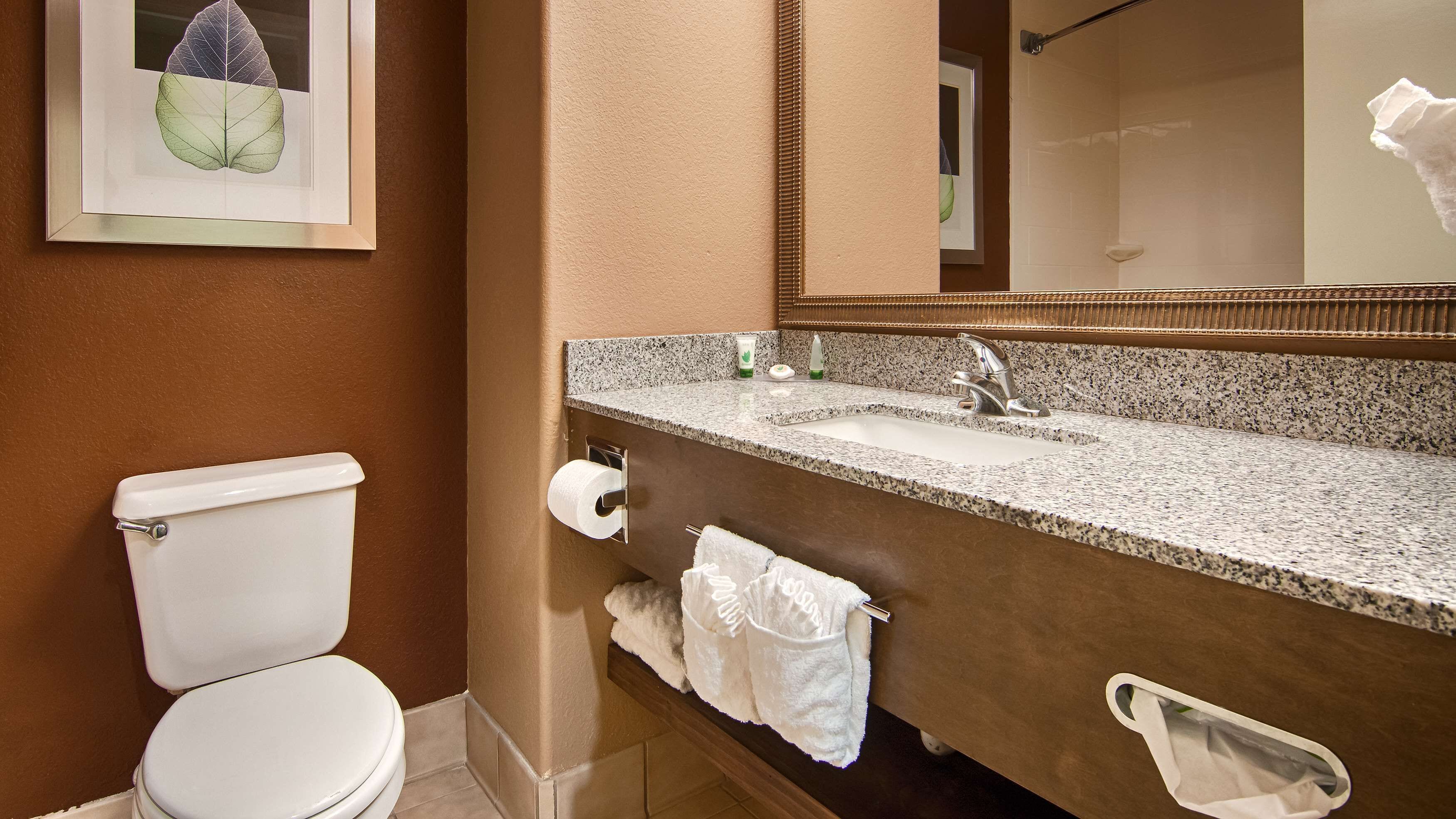 combined shower/bathtub, rainfall showerhead, free toiletries