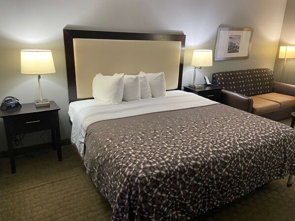 A hotel room with a large bed, two bedside tables, a chair, and a lamp.