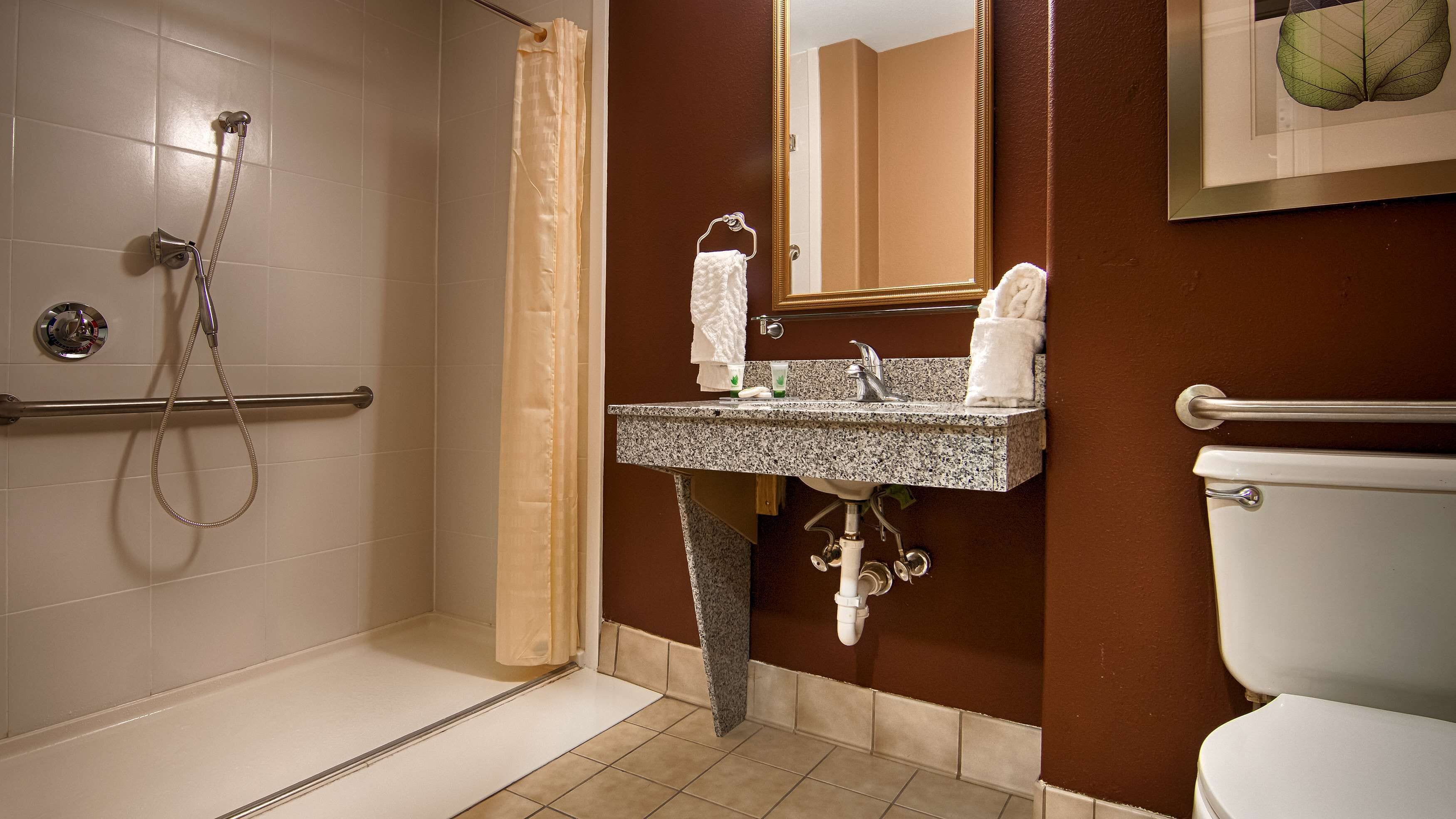 combined shower/bathtub, rainfall showerhead, free toiletries