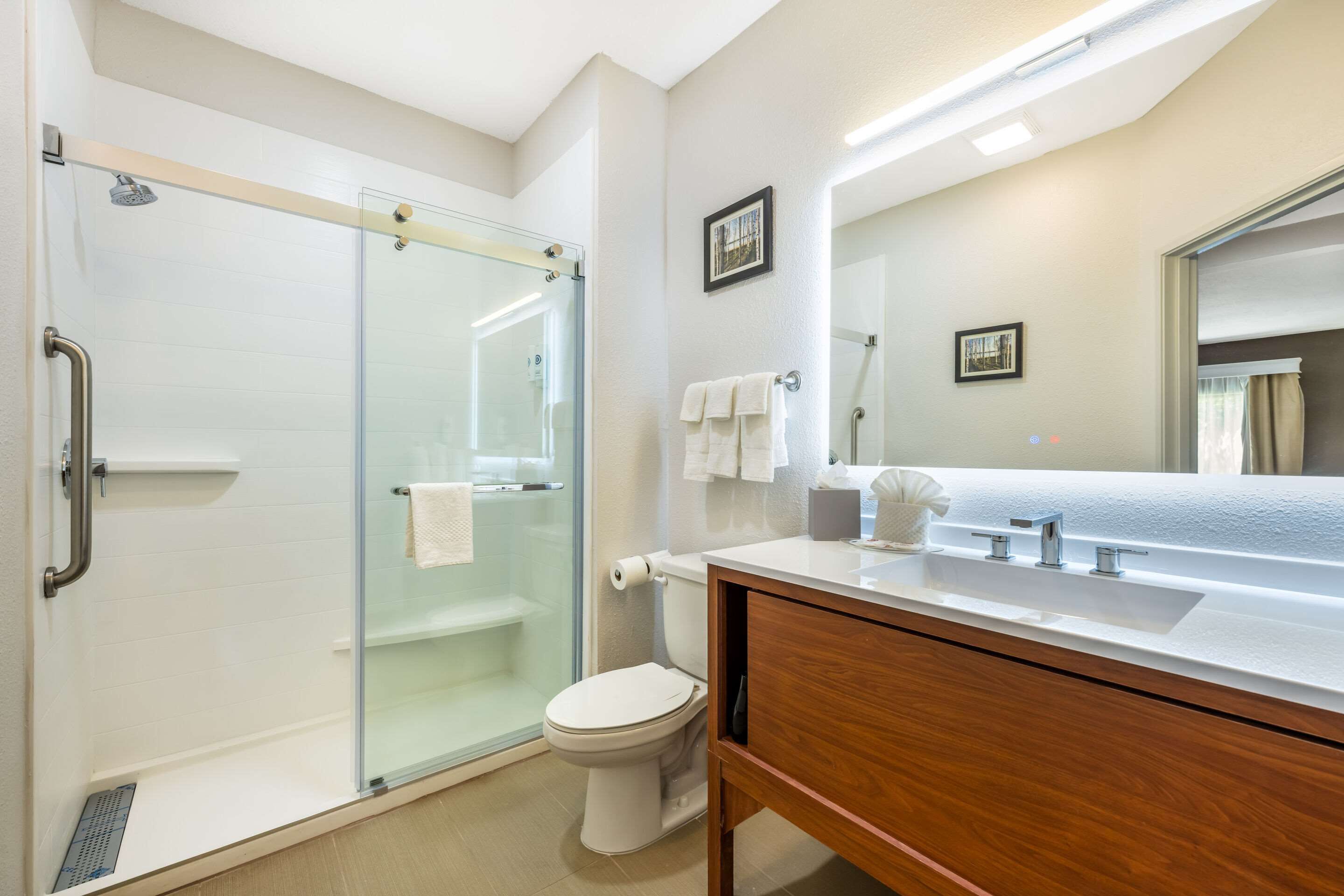 Ein modernes Badezimmer mit einer gläsernen Duschkabine, einer weißen Toilette und einem hölzernen Waschtisch mit großem Spiegel.