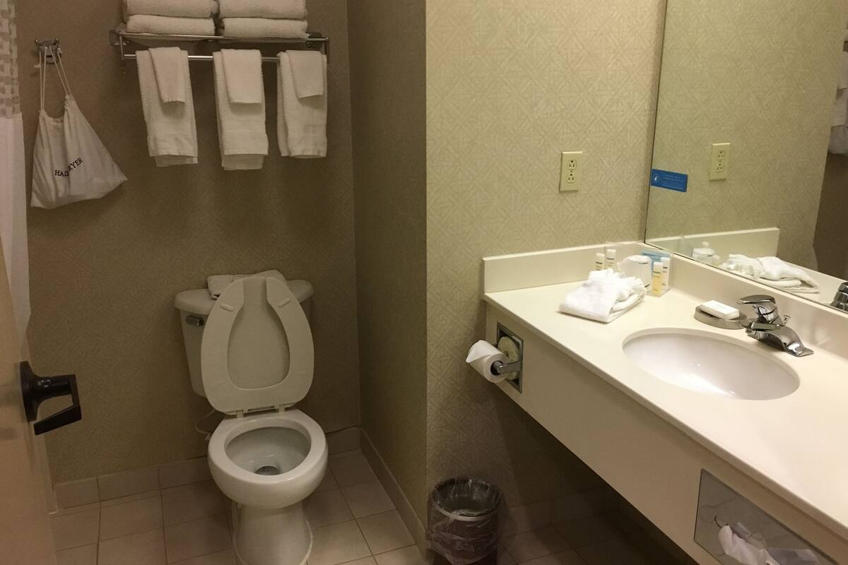 combined shower/bathtub, free toiletries, hair dryer, bathrobes