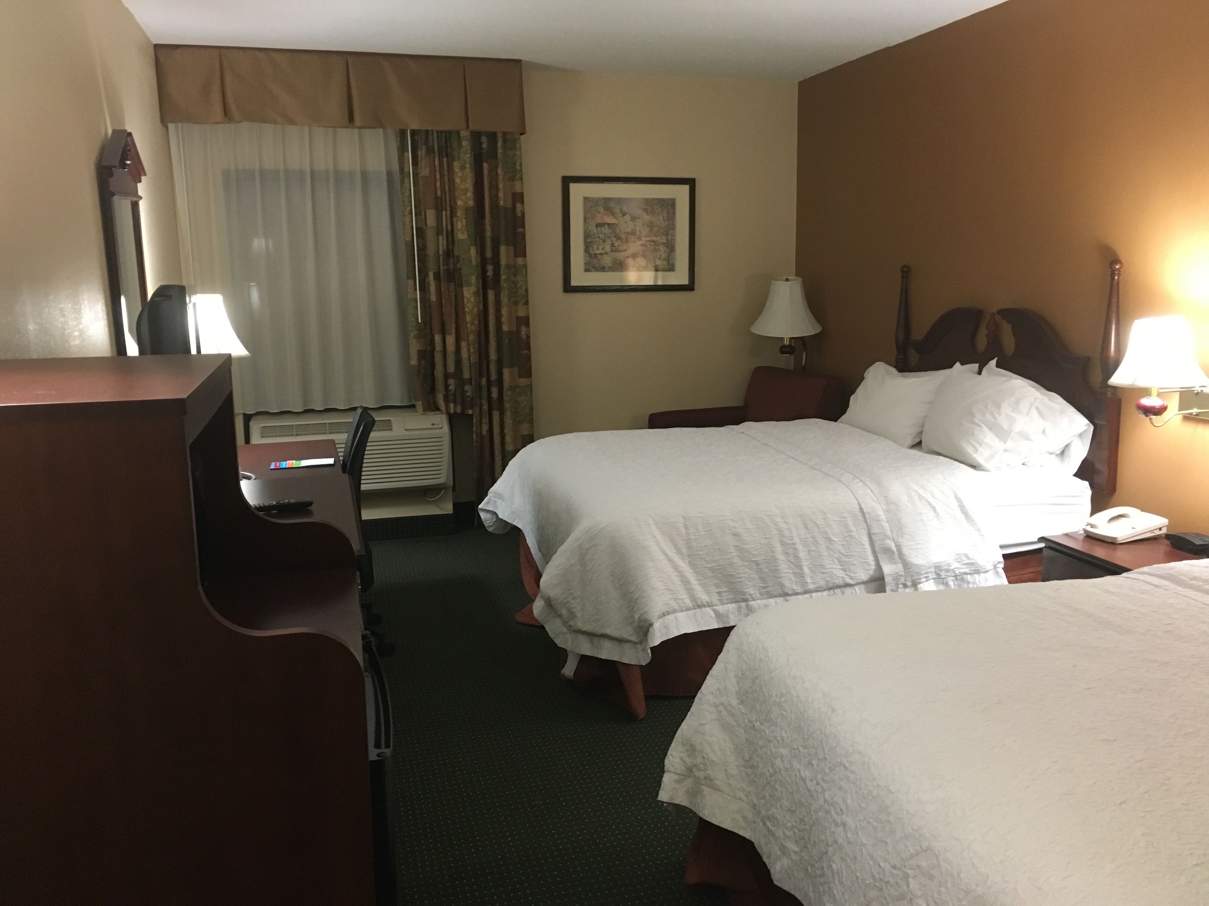 A hotel room with two beds, a desk, a chair, a lamp, an air conditioning unit, and a framed picture on the wall.
