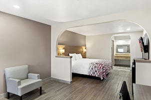Una habitación de hotel con cama, zona de estar, escritorio y baño.