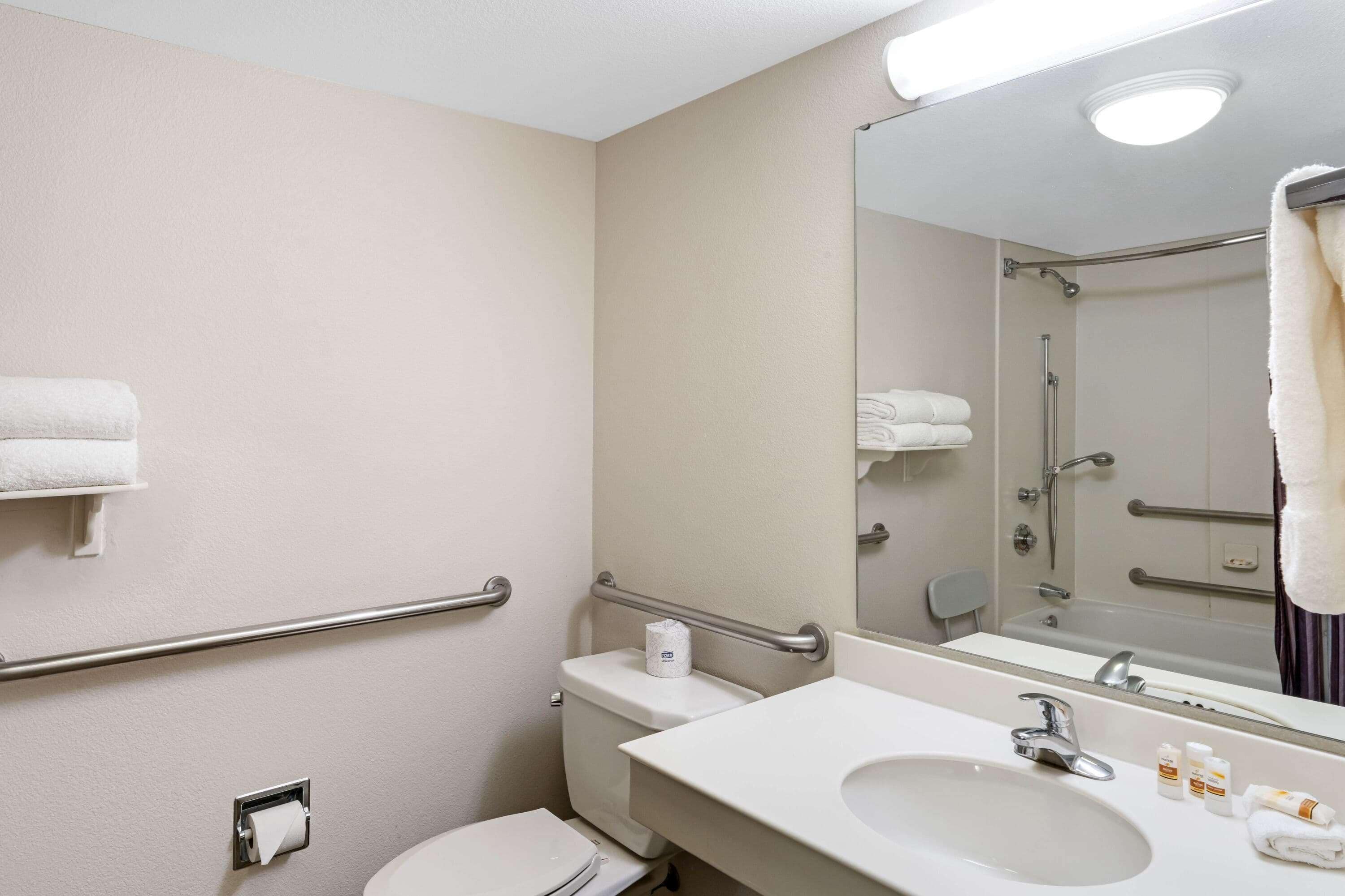 combined shower/bathtub, free toiletries, hair dryer, towels