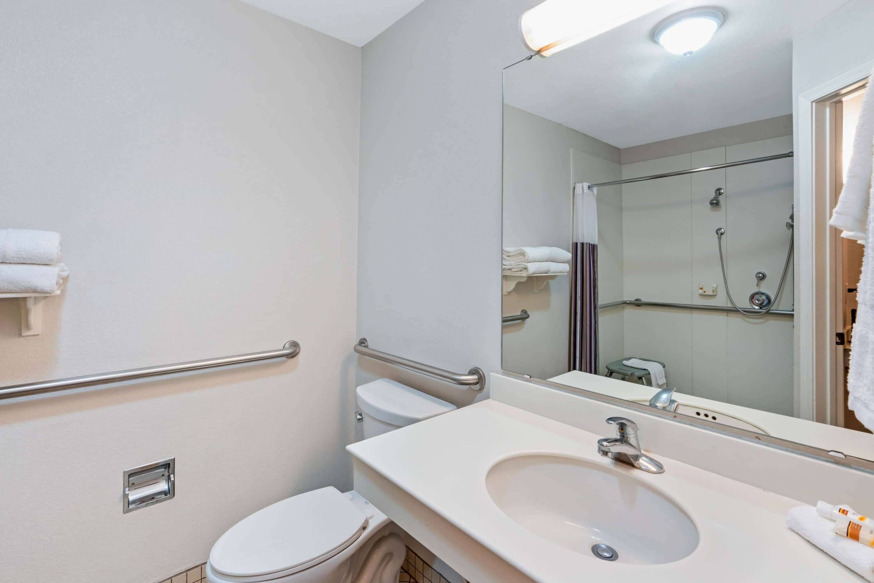 combined shower/bathtub, free toiletries, hair dryer, towels