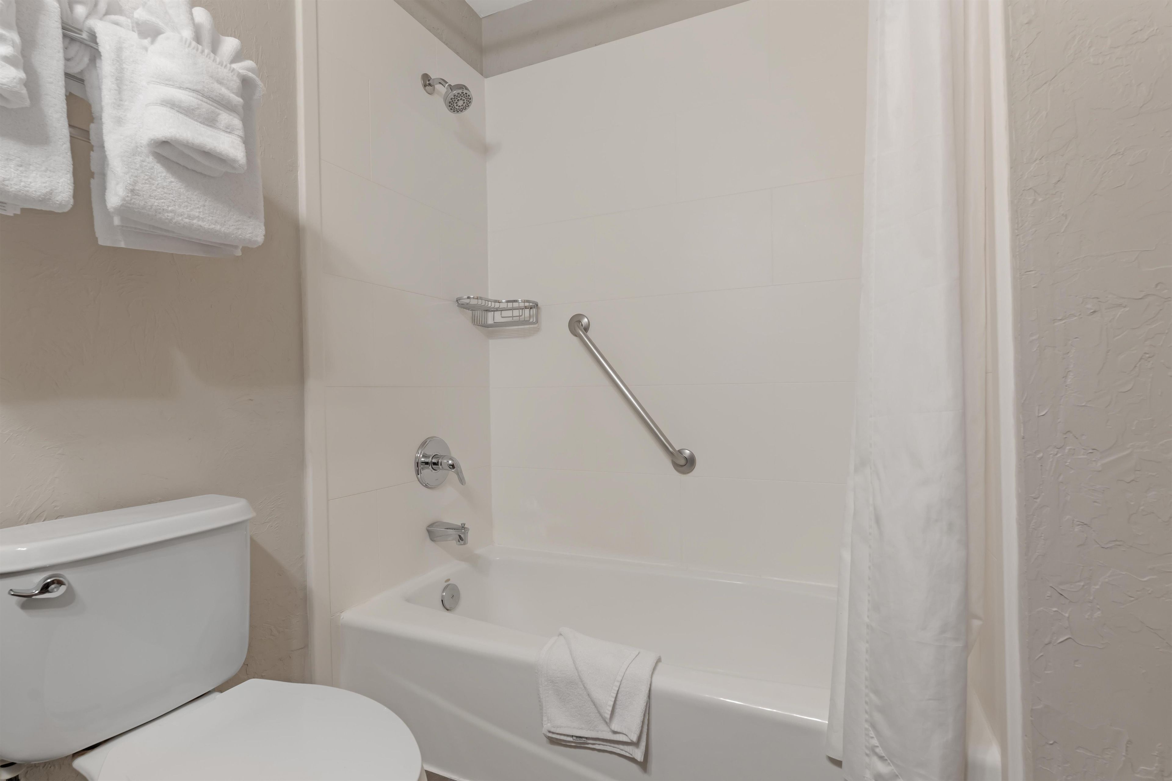 A bathroom with a toilet, a bathtub, and a shower.