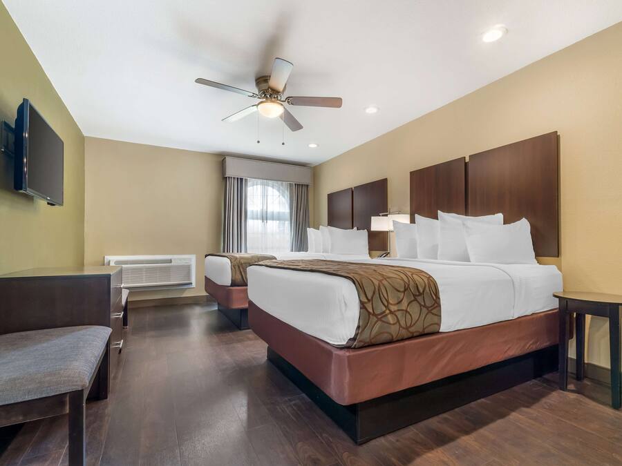 Habitación de hotel con cama, escritorio, silla, ventilador de techo y televisor montado en la pared.